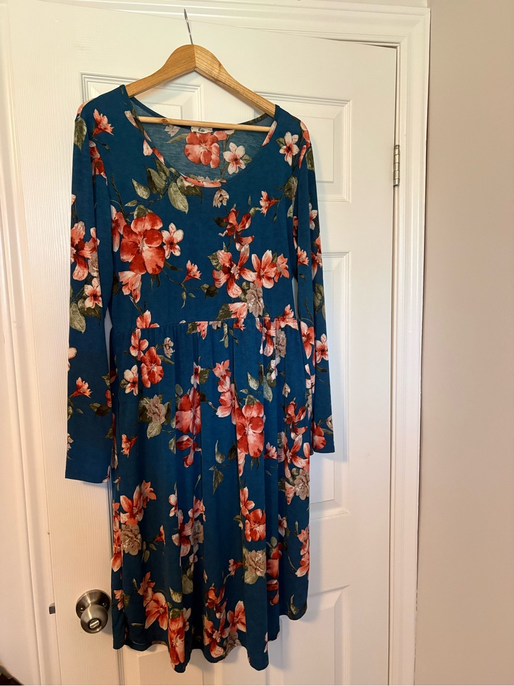 Egy - Floral Long-Sleeve Teal Fit & Flare Dress